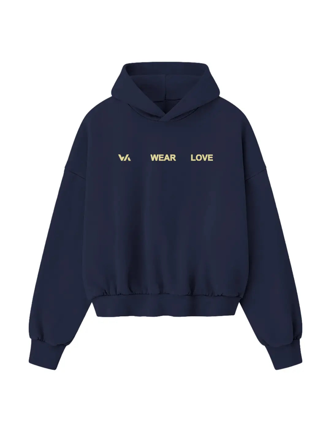 Hoodie oversized WE ARE azul marino, vista frontal con gráfico “WEAR LOVE”.
