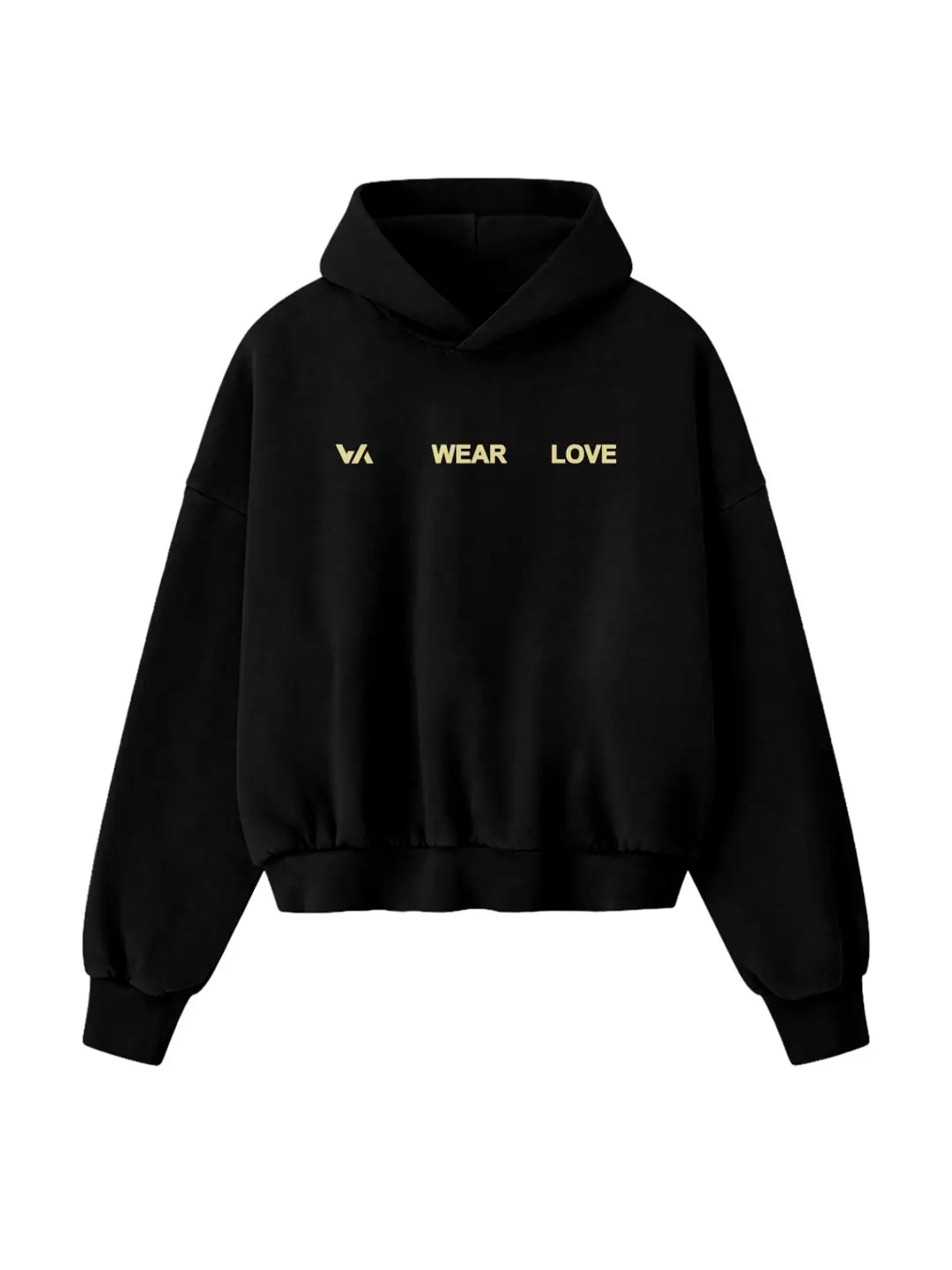 Hoodie oversized WE ARE negro, vista frontal con gráfico “WEAR LOVE”.