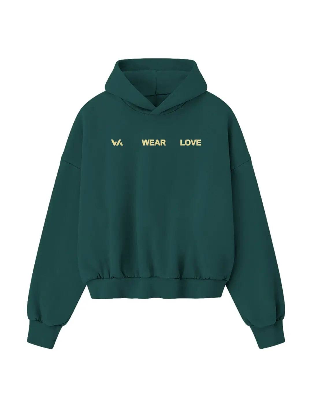 Hoodie oversized WE ARE verde, vista frontal con gráfico “WEAR LOVE”.